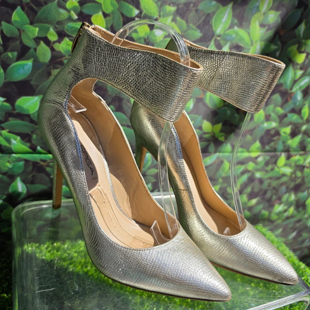 Via Spiga Metallic Gold Snake Embossed Ankle Strap Pointed Toe Pumps Heels 8M